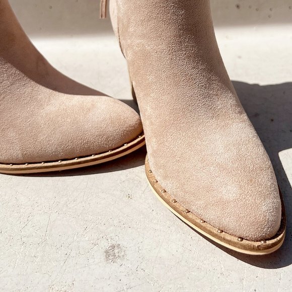 Taupe Faux Suede Pointed Toe Rivet Mini Studded Block Heel Ankle Bootie Boot - Picture 5 of 16